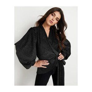 PatBO Strass Metallic Velvet Wrap Top, Black/Silver